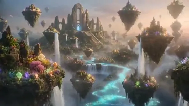Drag to compare the first frame (dark forest) and the last frame (floating city) (after)