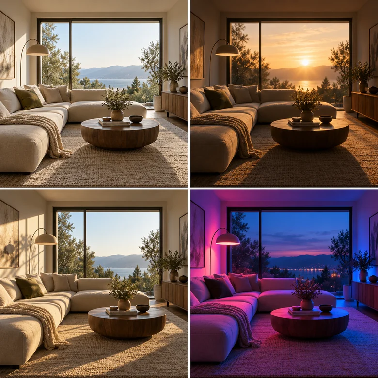 One room relit four ways: studio soft light, back light, side light, and neon light