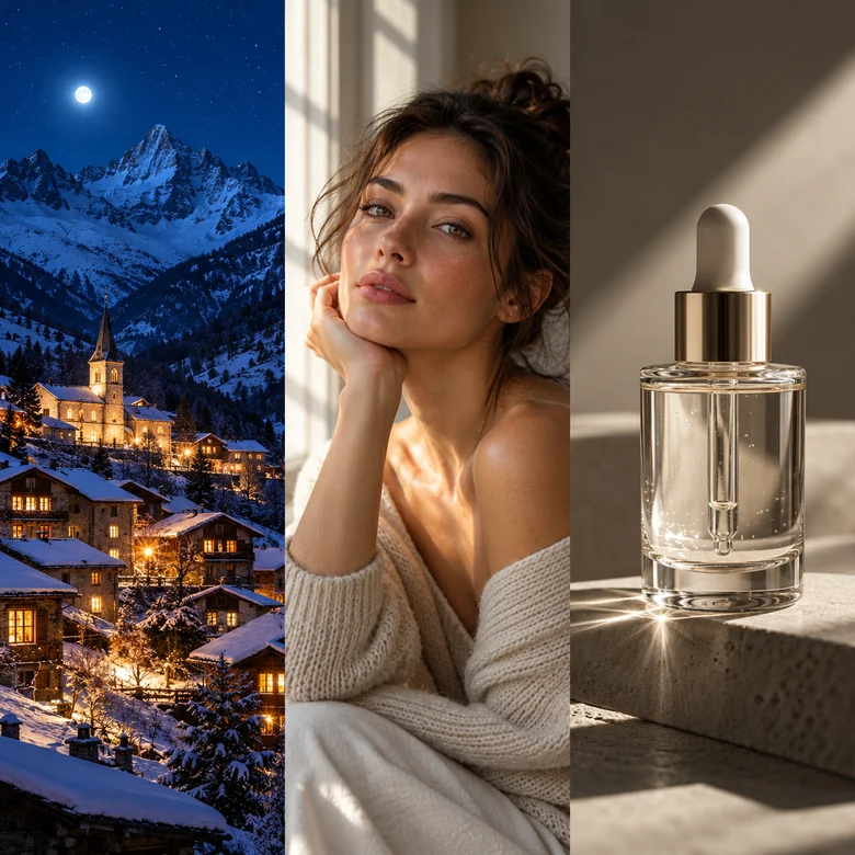 Mountain landscape relit at night, a portrait relit with soft light, and a skincare bottle relit with clean studio light