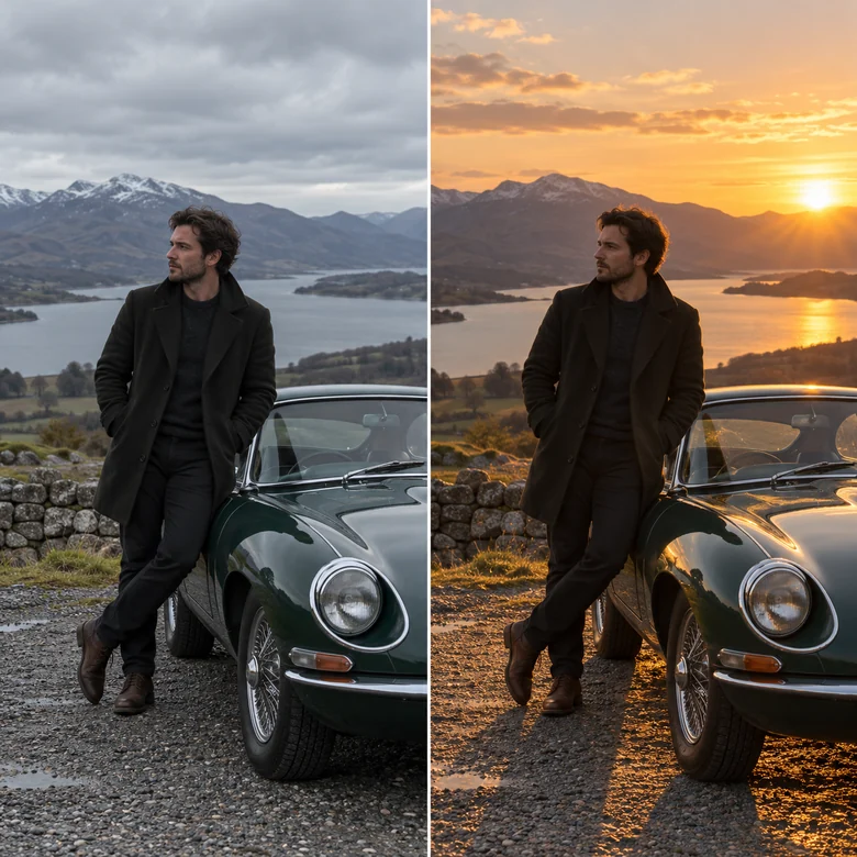 A man standing by a classic car relit from a cloudy afternoon into a warm sunset
