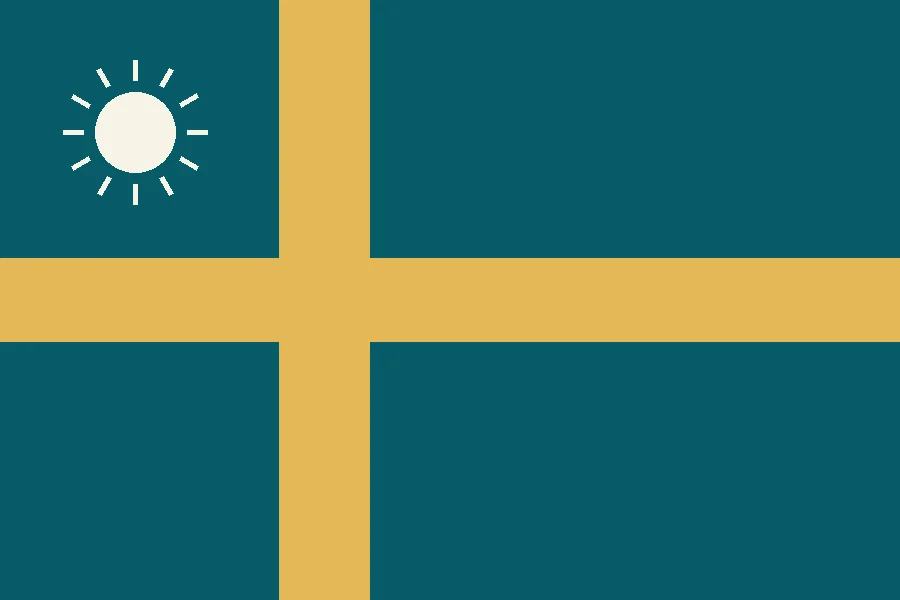 Flat AI flag for a fictional island nation: a teal field with a golden Nordic cross and a white sun