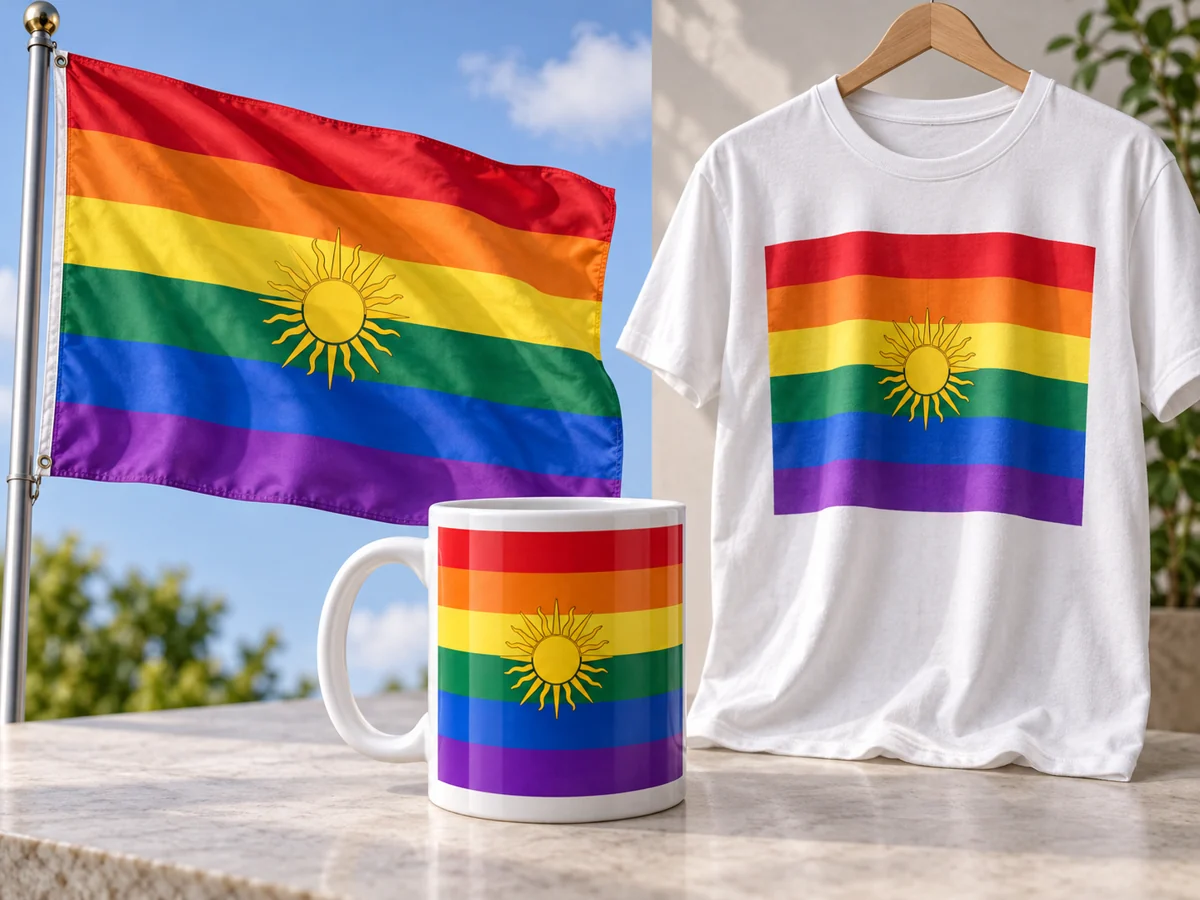Custom pride flag designs printed on a flag, a mug, and a t-shirt