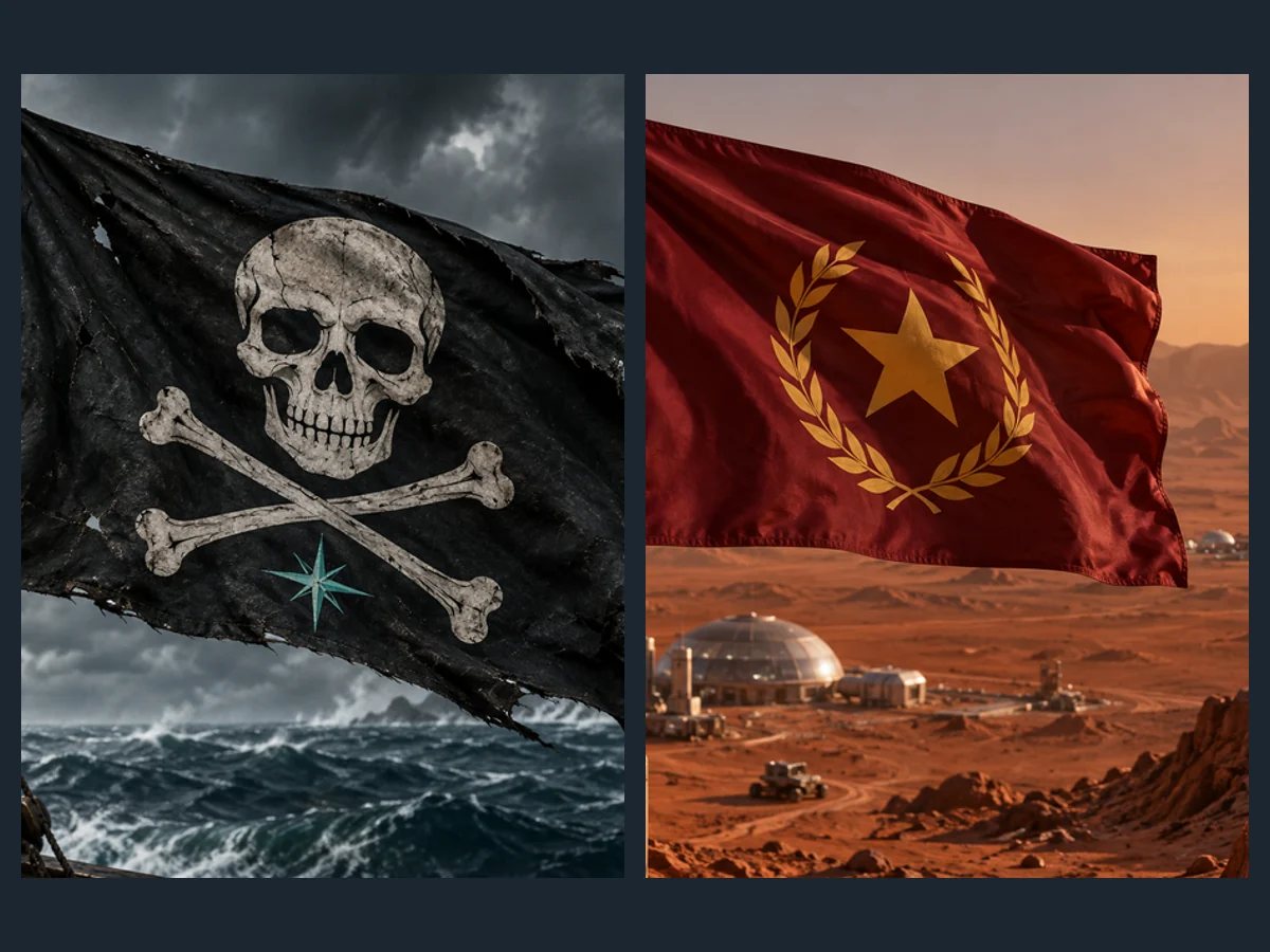 A pirate flag and a sci-fi faction flag designed for a fictional world