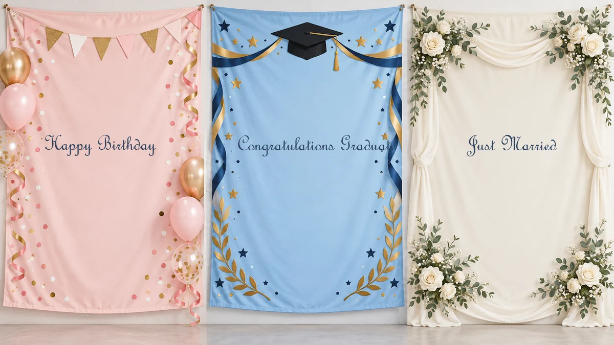 AI flags and banners made for a birthday, a graduation, and a wedding