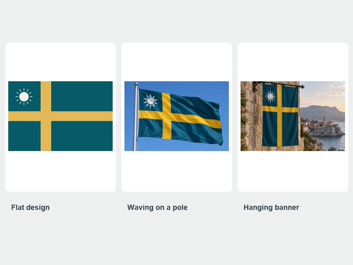 The same AI flag shown as flat artwork, waving on a flagpole, and as a hanging banner