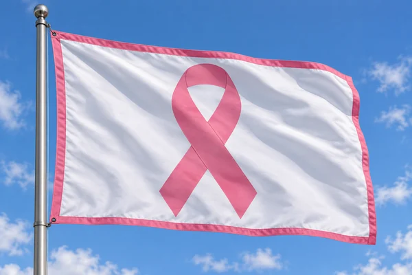 Pink awareness ribbon flag waving on a pole