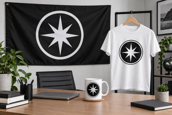 Black brand flag with a white star logo next to matching merchandise