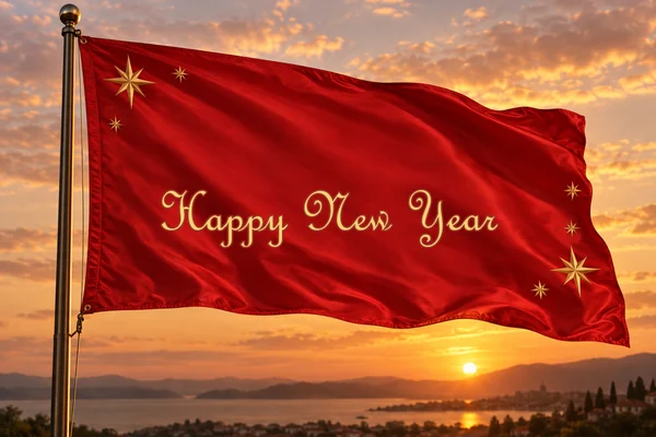 Red celebration flag with Happy New Year lettering waving in the sky