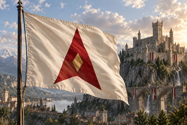 Red and white flag with a bold triangle emblem flying from a tall pole