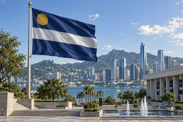 Navy and silver striped flag of a fictional nation flying above a city skyline