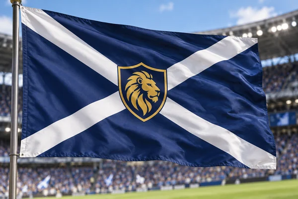Sports team flag with a golden lion crest on navy and white stripes