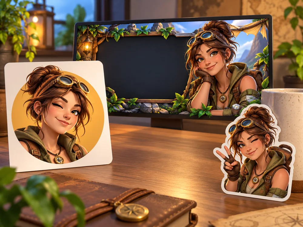 3D game characters printed on cards, mugs, and stickers on a desk