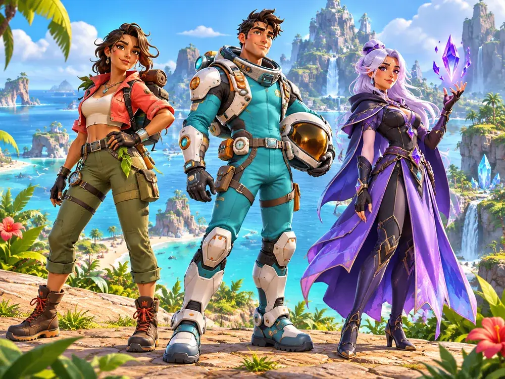 Two original 3D game characters: an explorer in a jungle and a woman in overalls in a town