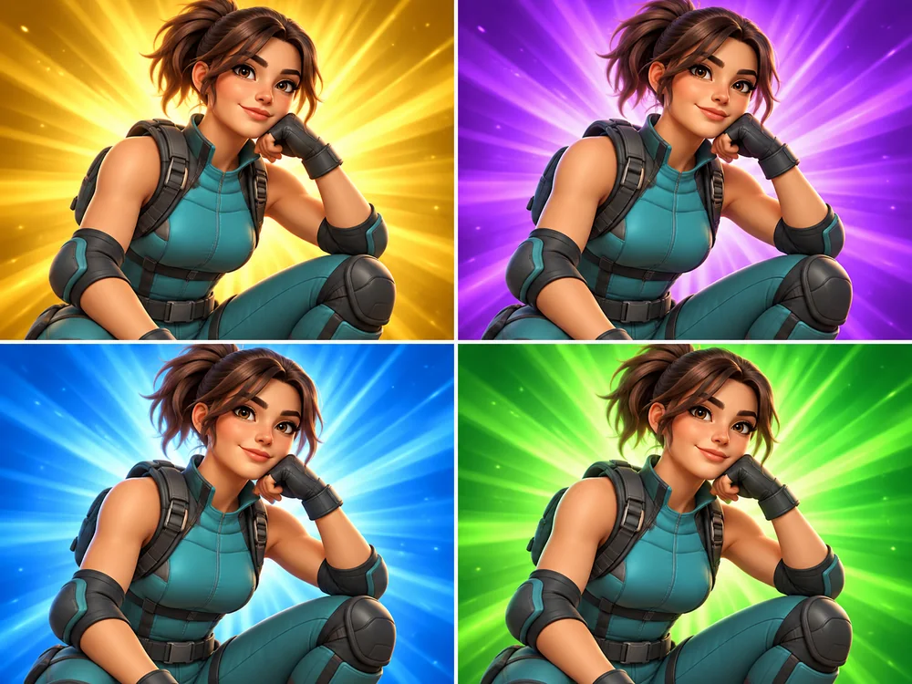 Four game characters framed in gold, purple, blue, and green rarity-style glows