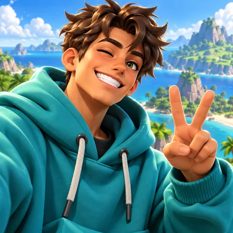 3D cartoon gaming avatar of a smiling man in streetwear sitting on colorful blocks