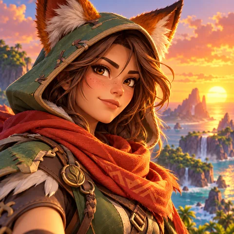 Original ranger character with fox ears and a scarf at sunset