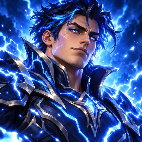 Gaming pfp of a man in dark armor with lightning in a stormy city
