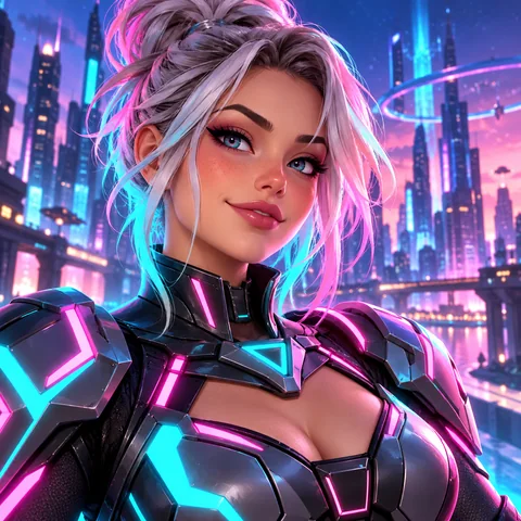 Original cyber ninja gaming avatar in neon armor with a glowing visor