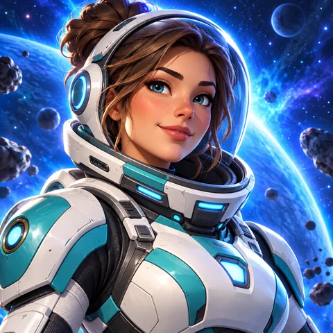 Original space ranger gaming avatar in white armor in a sci-fi corridor