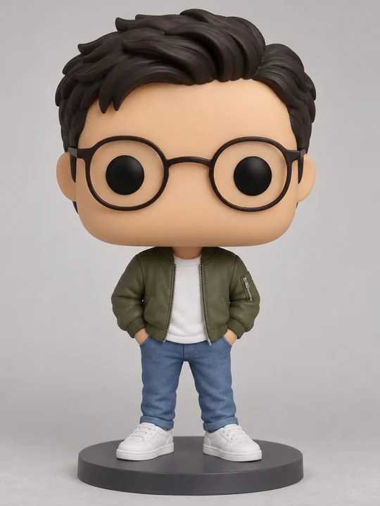 Drag to compare the full-body photo of a man in a green jacket and his big-head vinyl figure (after)