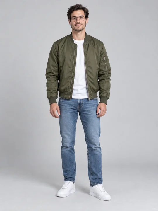 Drag to compare the full-body photo of a man in a green jacket and his big-head vinyl figure (before)