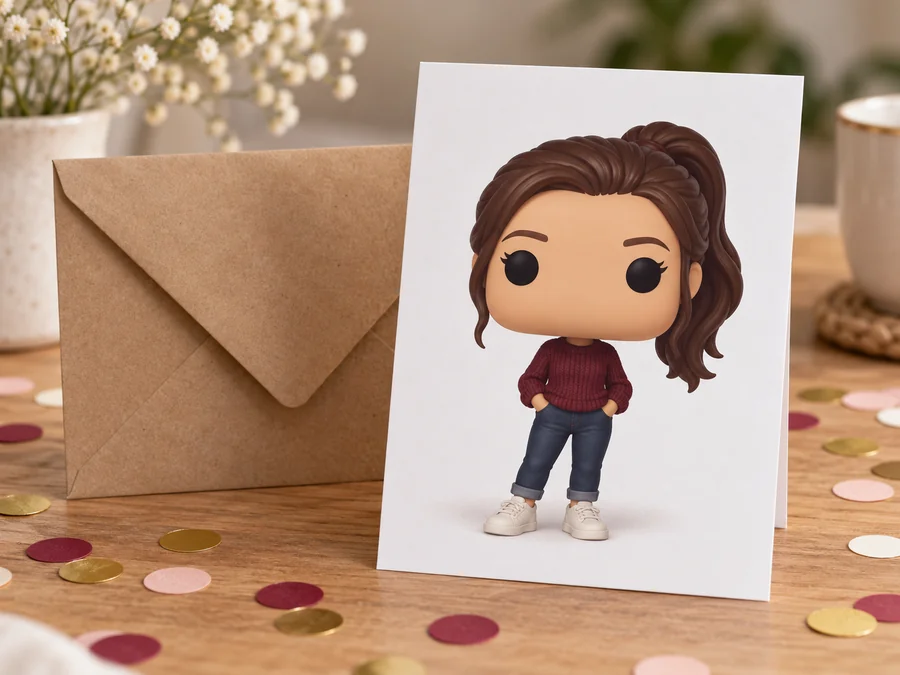 Birthday card printed with a vinyl figure of a woman with a ponytail and a maroon sweater