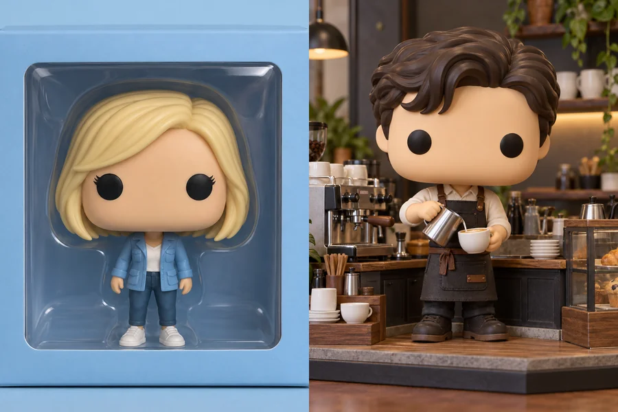 Two vinyl figures: a woman with a blonde bob in a plain blue window box and a barista on a coffee-counter diorama base