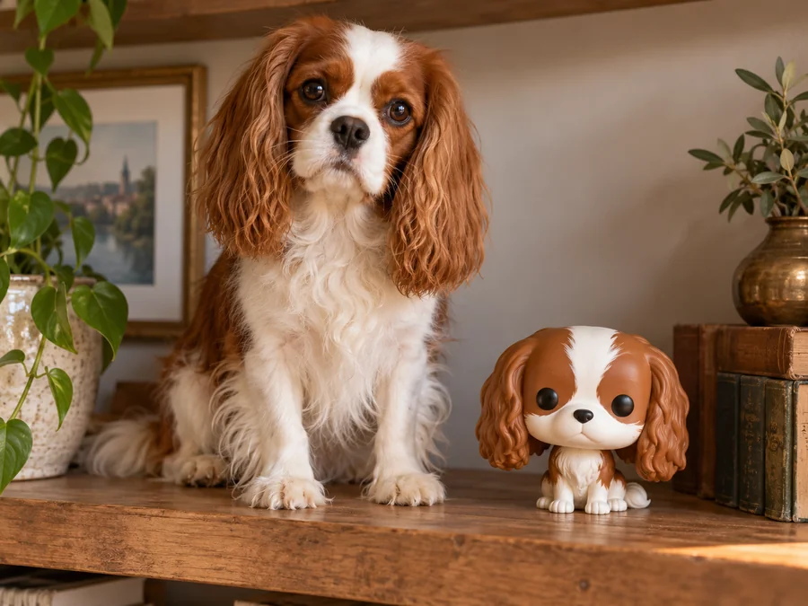 A real spaniel next to its own small vinyl figure on a wooden shelf