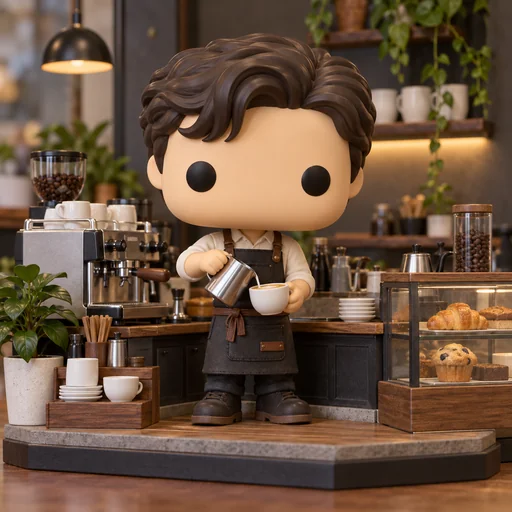 Barista vinyl figure standing on a coffee shop counter diorama
