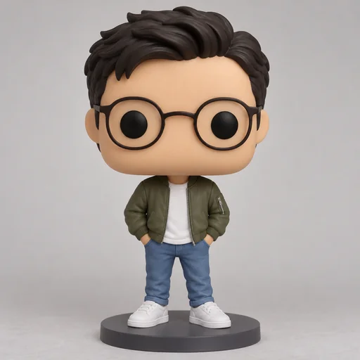 Vinyl figure of a man with glasses in an olive jacket, jeans, and white sneakers