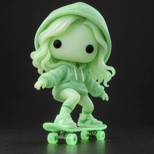 Glowing green vinyl figure of a skater girl on a dark background