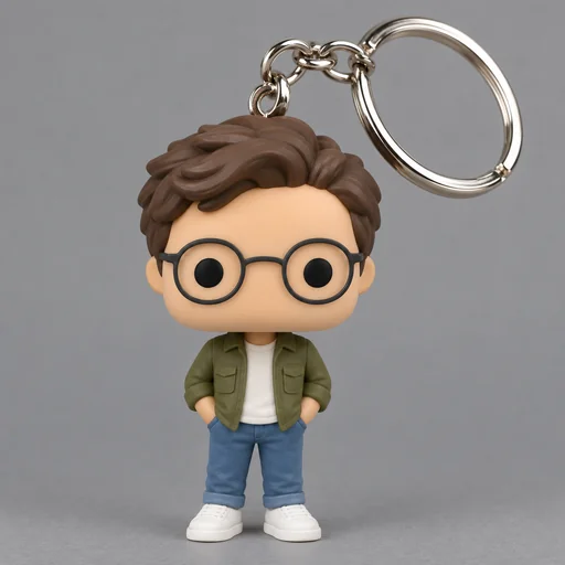 Tiny vinyl figure keychain of a man with glasses on a metal key ring