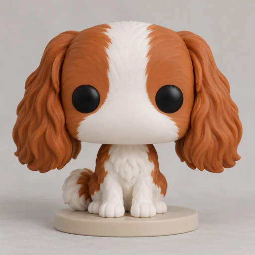 Vinyl figure of a spaniel dog next to its owner’s figure