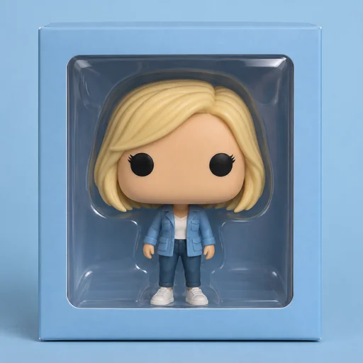 Vinyl figure of a woman with a blonde bob inside a plain blue window box