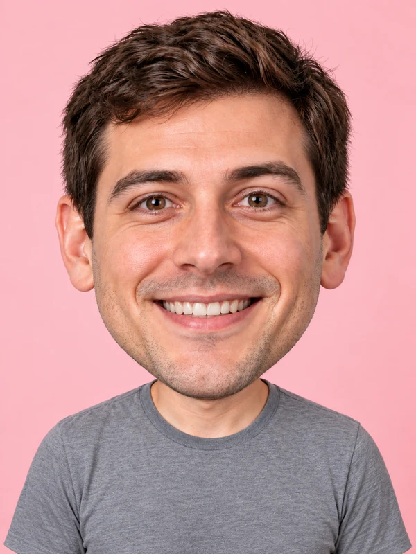 Man with a hugely oversized grinning head on a small body