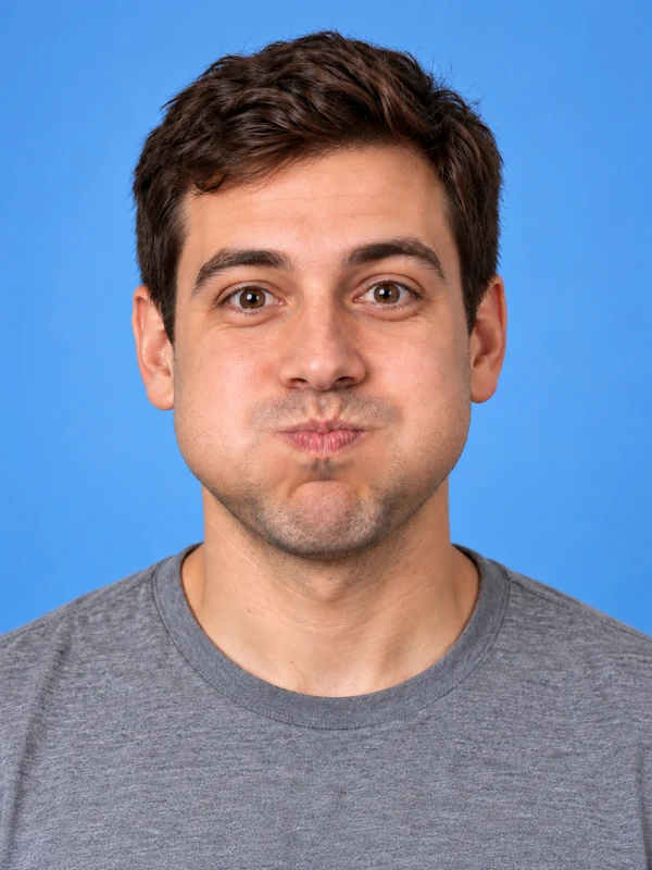 Man with hugely puffed balloon cheeks and wide eyes