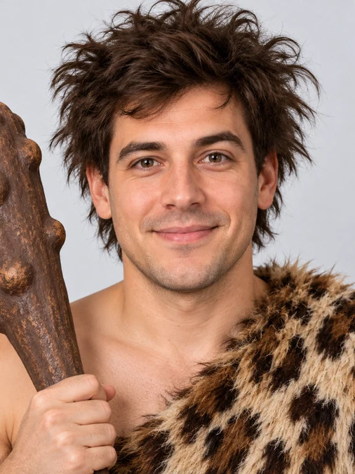Grinning man dressed as a caveman with wild hair and a club