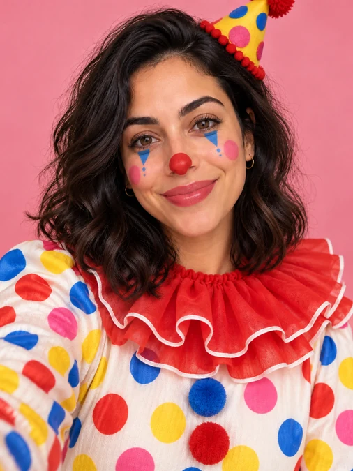Woman in clown makeup and a colorful polka-dot clown costume