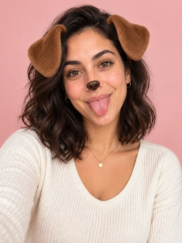 Woman with dog ears and a dog nose sticking her tongue out