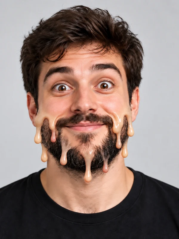 Surprised man whose lower face is melting and dripping