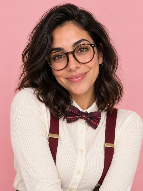 Woman dressed as a cartoon nerd with big glasses, bow tie, and suspenders