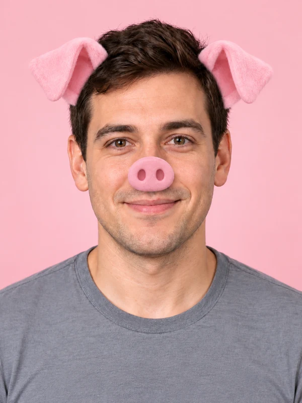 Man with a pink pig snout and pig ears smiling