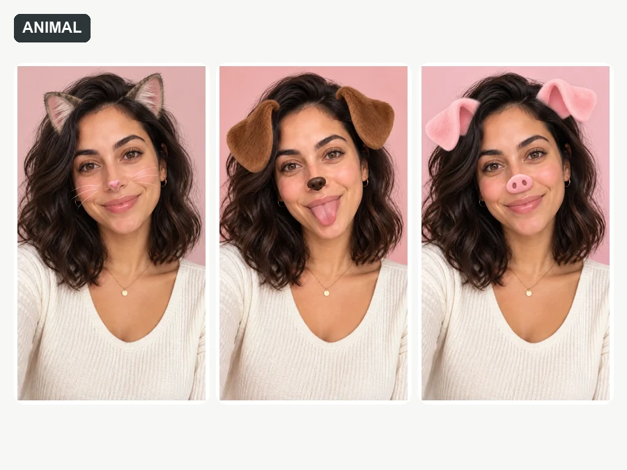 The same woman shown with cat, dog, and pig face effects