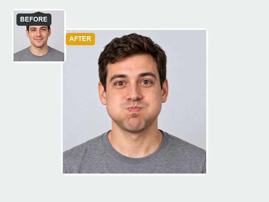 A man’s normal selfie and the same man with puffed bubble cheeks