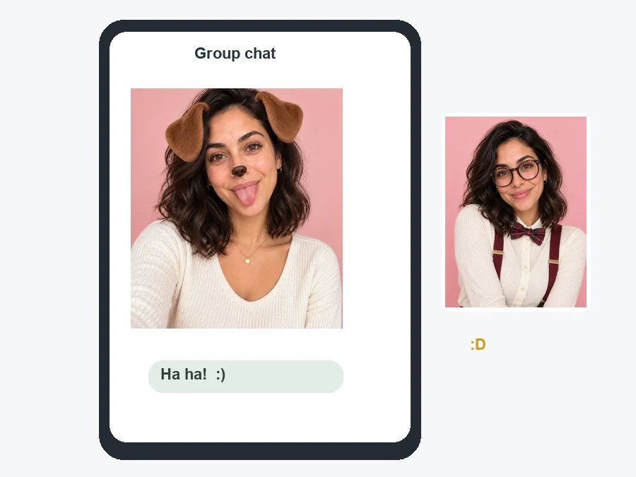 A dog-face selfie shared in a group chat with laughing reactions