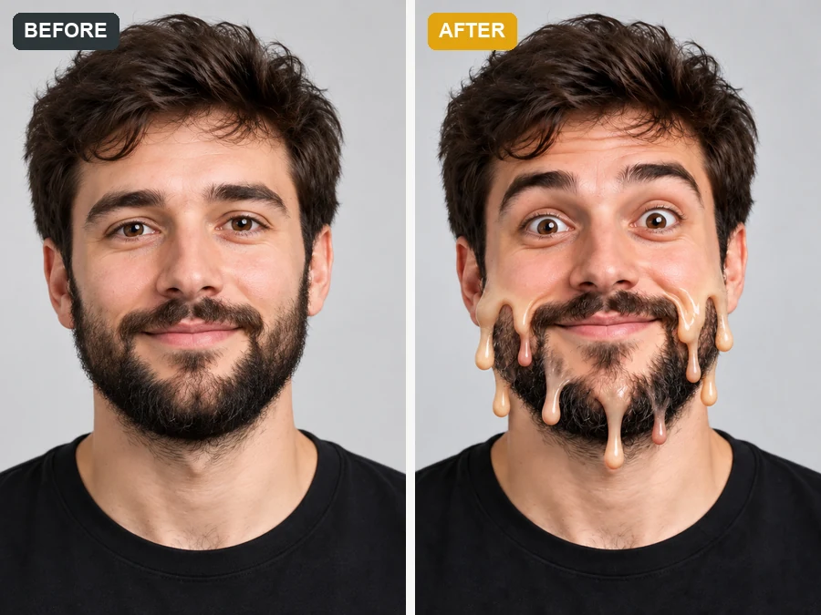 Before and after: a bearded man and his melted face version