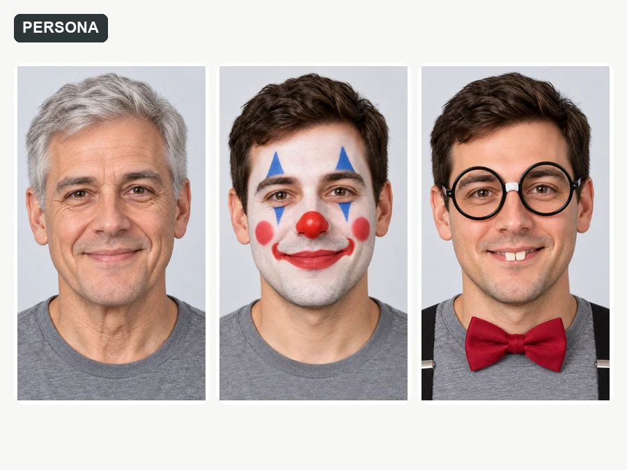 The same man shown as an old-timer, a clown, and a nerd