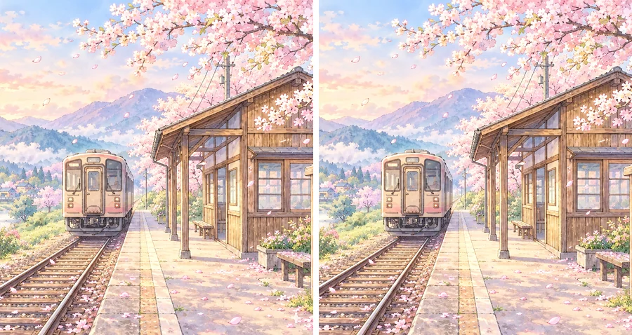 Anime train station illustration shown before and after removing the Gemini watermark