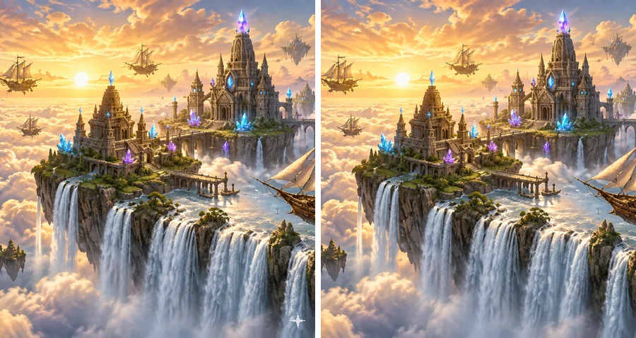 Floating castle fantasy art, original and version with the corner watermark removed