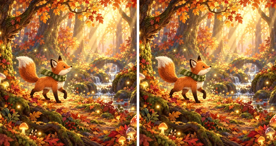 Storybook fox in a glowing forest, original beside the cleaned Gemini image